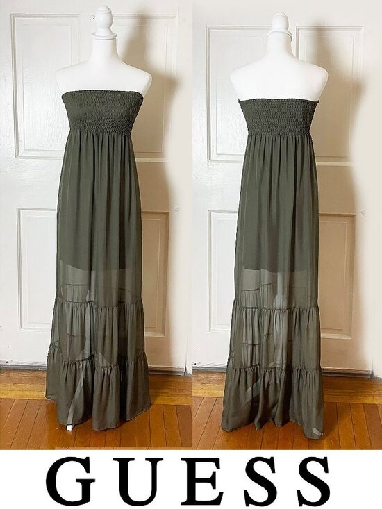 Guess Dresses & Skirts - Guess Long Silk Maxi Dress | Fern/Green Color | Smocked Strapless | Size S | EUC